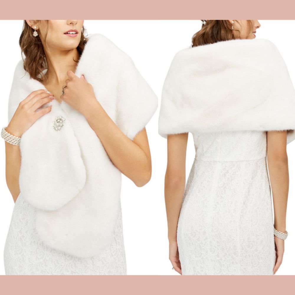 NWT $99‎ ADRIANNA PAPELL [ OS ] Faux Fur Shawl in IVORY White
